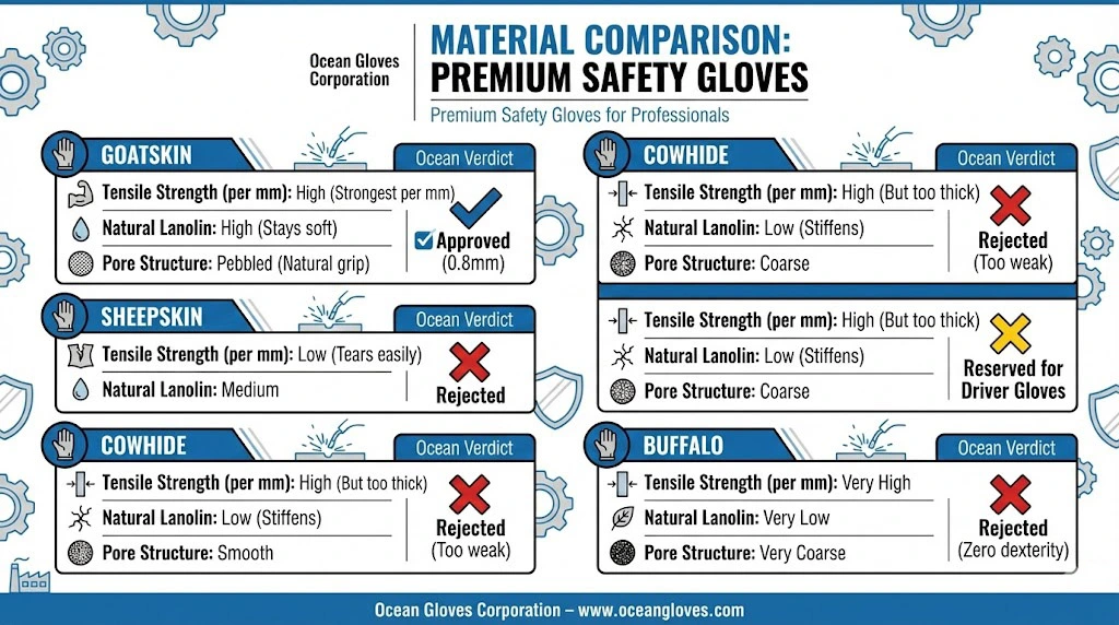 Comparison chart of leather materials for assembly gloves, including tensile strength, lanolin content, pore structure, and Ocean Gloves verdict.