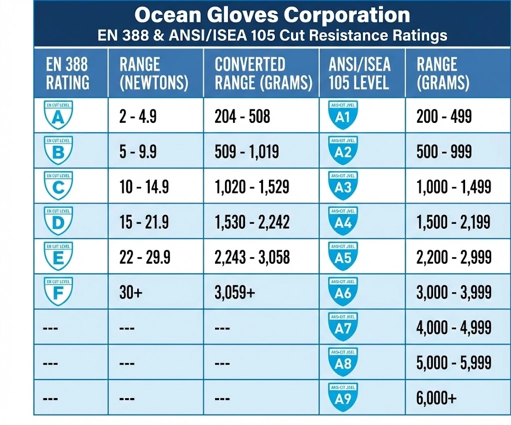 EN 388:2016 mechanical risk certification stamp showing abrasion and tear resistance scores on leather glove.