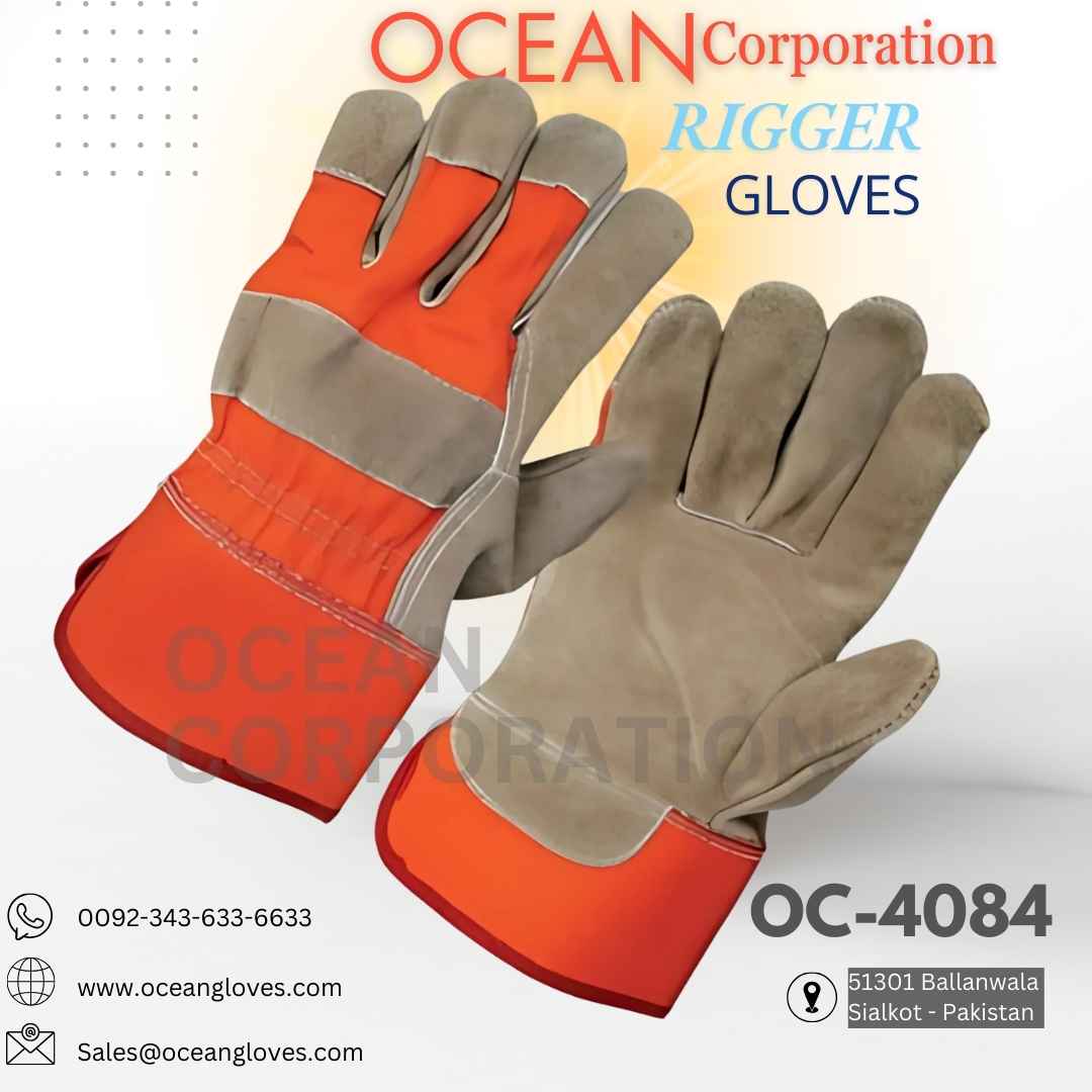 Brown Leather Rigger Gloves with Orange Fabric Rugged rigger gloves with brown leather palms and high-vis orange fabric backs