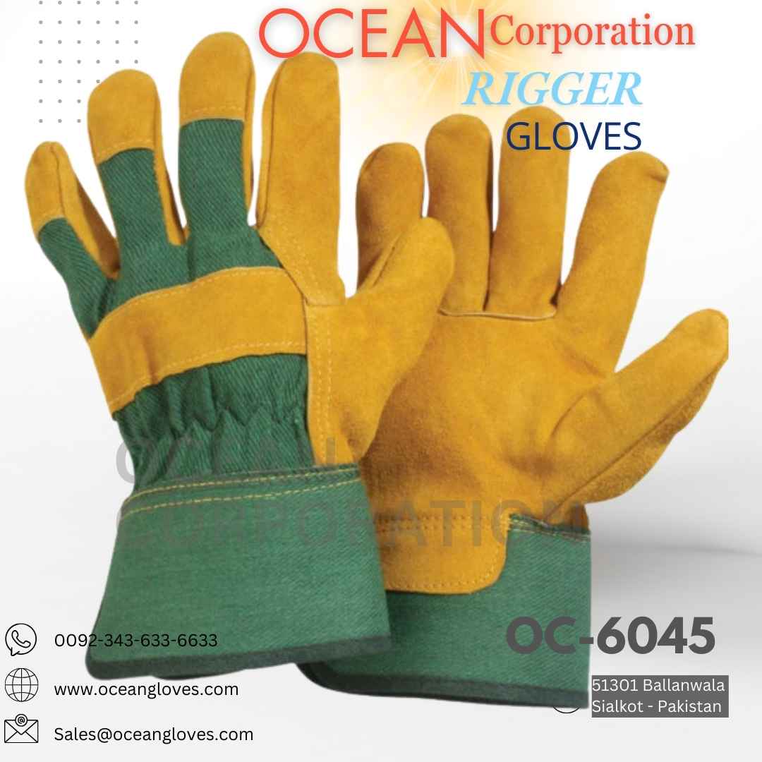 Leather Rigger Gloves Yellow Green USA – Eco-Friendly Work Gloves Yellow cowhide leather gloves with green fabric backs for eco-industrial work.