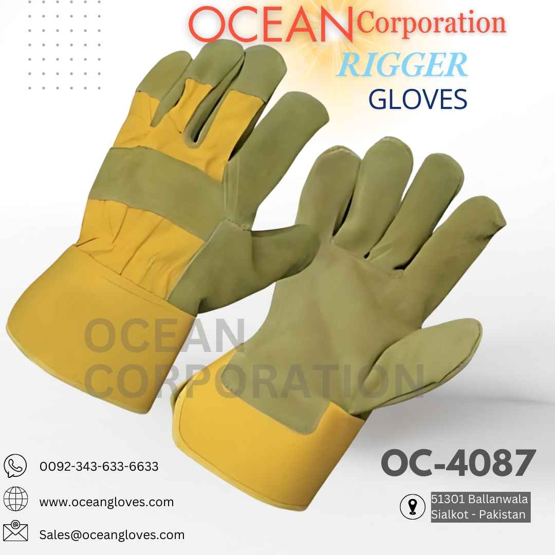 Olive Green Leather Rigger Gloves ANSI-Certified USA Outdoor Olive Green Leather Rigger Gloves ANSI-Certified USA Outdoor Camo-green gloves with yellow fabric back for forestry and construction.