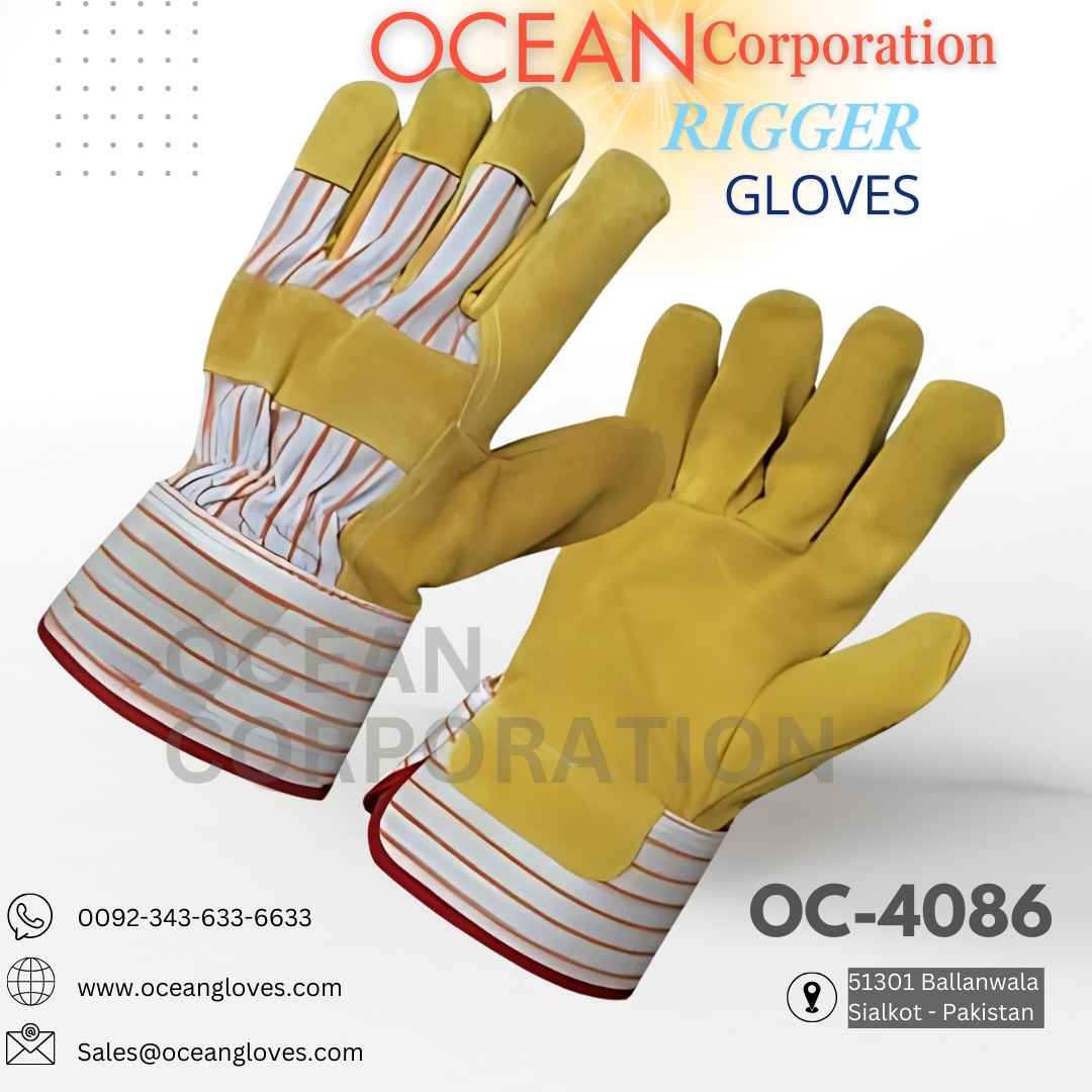Yellow Leather Rigger Gloves ANSI-Certified USA Warehouse Yellow cowhide gloves with red/blue stripes for box handling.