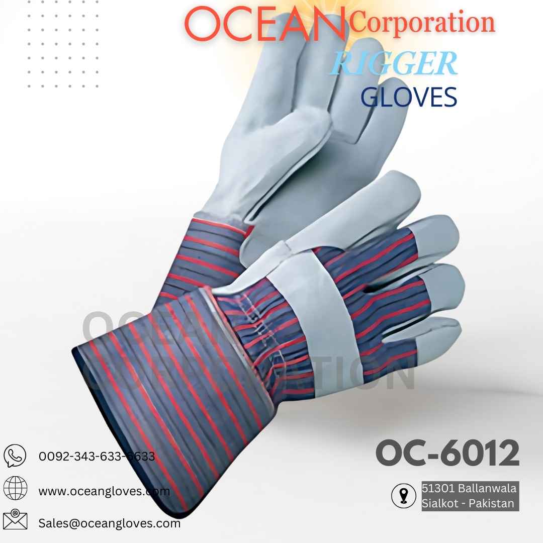 Black & Red Striped Rigger Gloves with Extra-Long Safety Cuff – Sialkot Manufacturer High-visibility black and red striped rigger gloves with extra-long safety cuff and cowhide split leather palm, manufactured in Sialkot, Pakistan