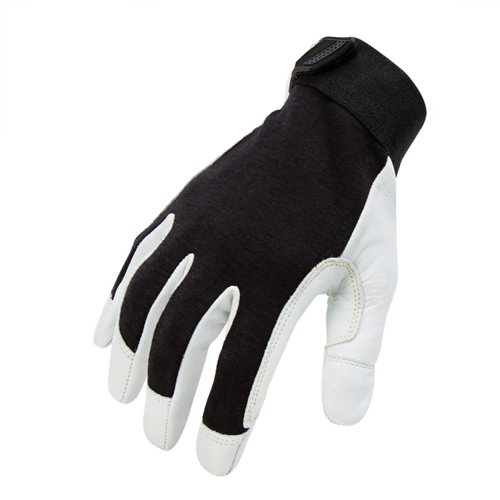 EN 407 Stick Welding Gloves – Goatskin Palm, Reinforced Thumb, Sialkot Export EN 407-certified stick welding gloves with black and white goatskin palm, reinforced thumb patch, and adjustable performance cuff for industrial safety