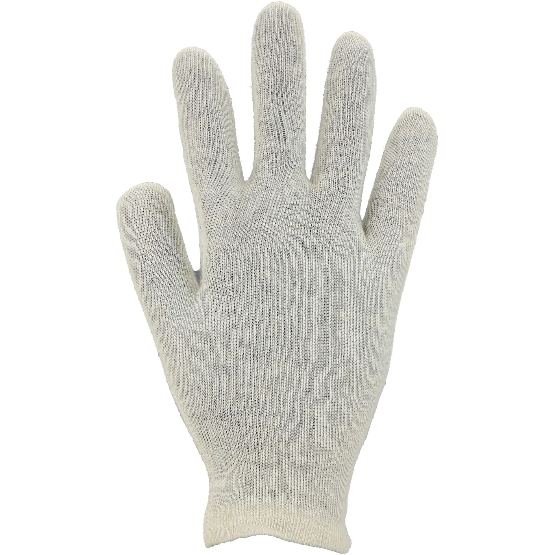 Knitted Cotton Stockinette Gloves by Ocean Gloves Corporation A pair of white seamless knitted cotton stockinette gloves with a knit wrist.