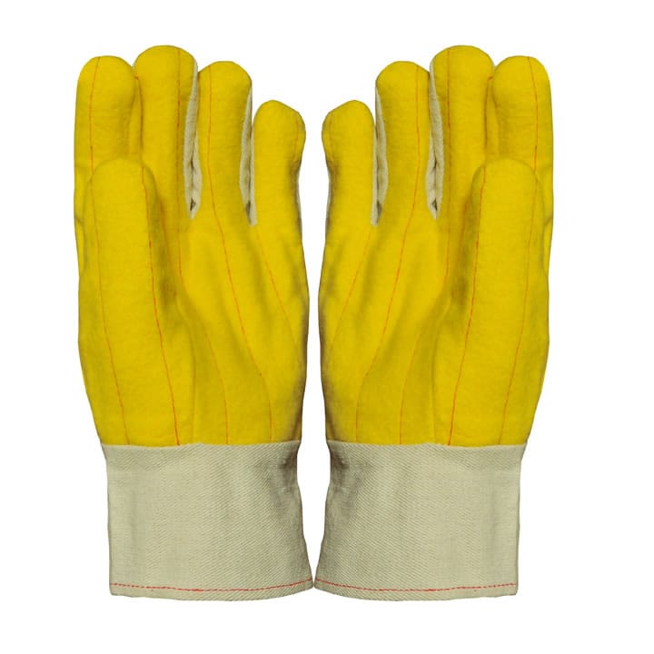 Yellow-Cotton-Hotmill-Gloves-Safety-Cuff A pair of high-visibility yellow cotton hotmill gloves with a sturdy canvas safety cuff.