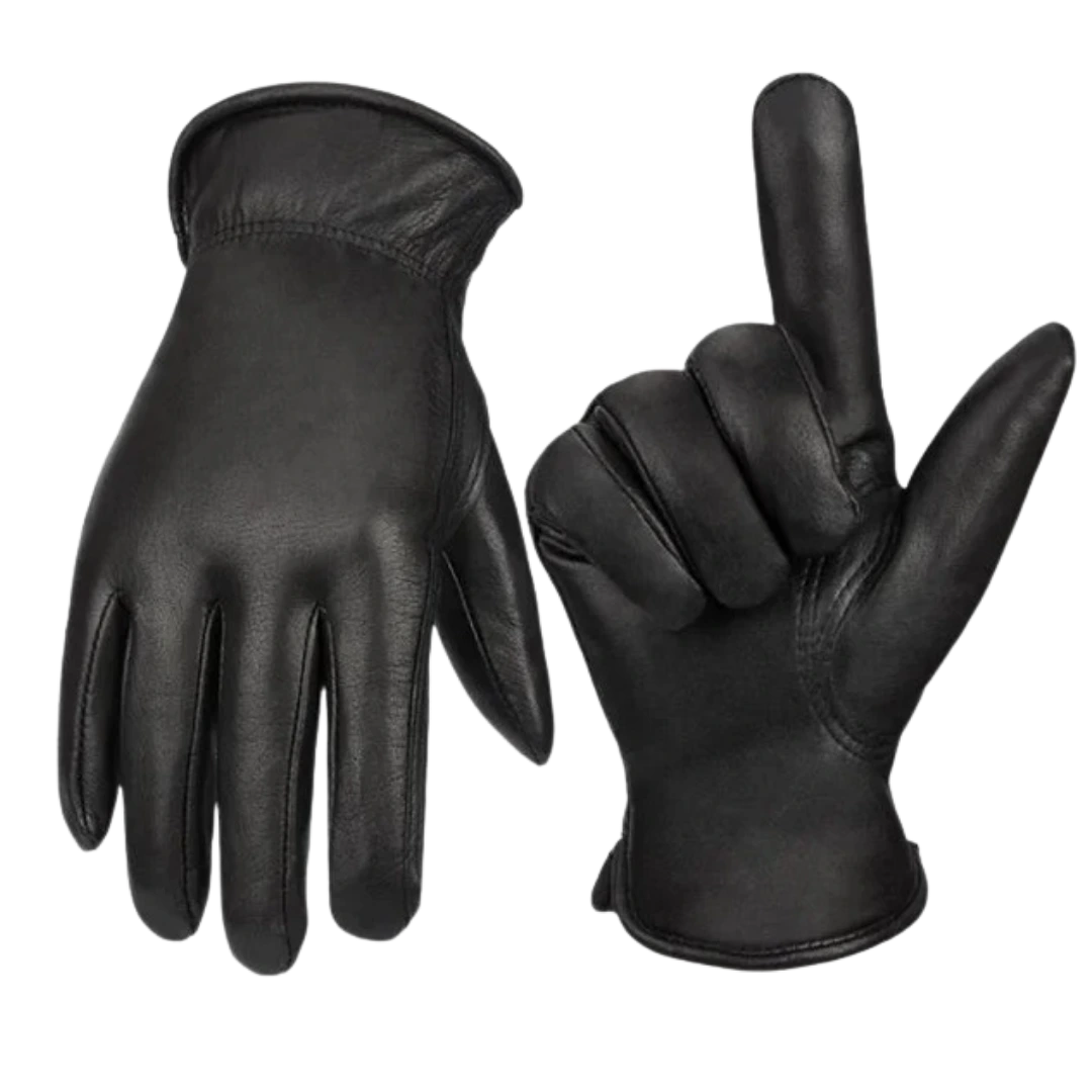 Classic Black Leather Driver Gloves for Professionals A pair of Classic Black Leather Driver Gloves from Ocean Gloves Corporation, showing the smooth cowhide texture and double-stitched seams.