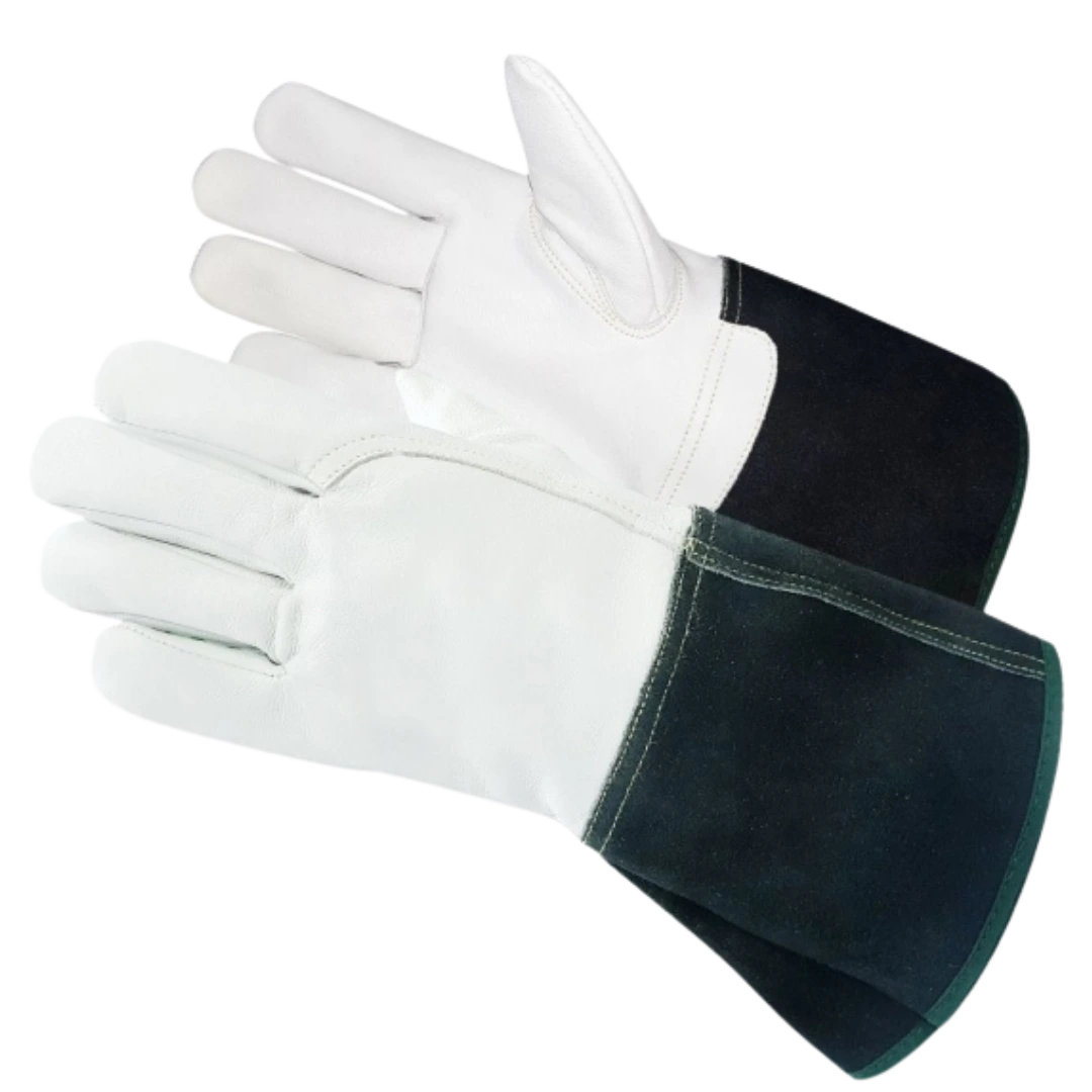 Cut Resistant Gauntlet Glove cut resistant gauntlet glove with a natural goatskin palm and a long cowhide suede safety cuff.
