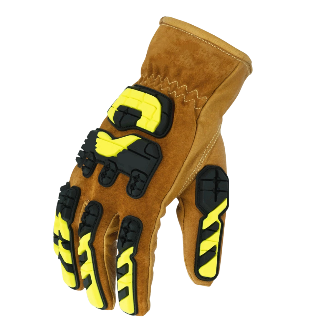 Cut-Resistant-Leather-Impact-Gloves-ANSI-A5 A pair of premium full-grain leather cut resistant impact gloves with black TPR armor and a reinforced palm.