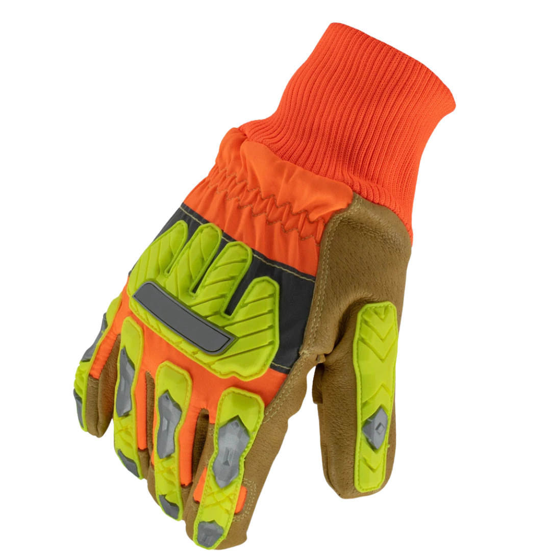 Cut-Resistant-Level-A6-Hi-Vis-Leather-Gloves-with-TPR A pair of Cut Resistant Level A6 Hi Vis Leather Gloves showing the premium grain leather palm and the orange back with lime TPR impact protection.