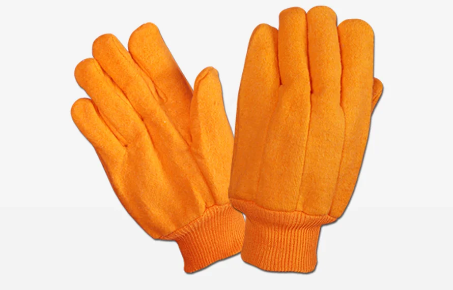 EN388 Certified Hi-Vis Orange Hotmill Gloves from Ocean Gloves Sialkot Hi-Vis Orange Hotmill Gloves multi-layer cotton insulation and knit wrist, Sialkot OEM.