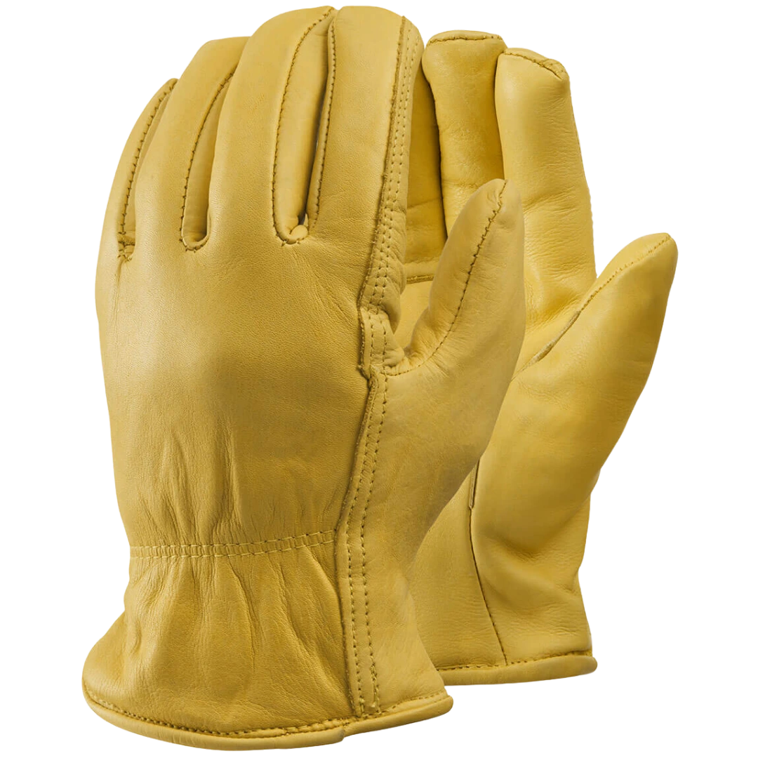 Fleece-Lined Cowhide Leather Driver Gloves A pair of A-Grade cowhide leather driver gloves with a keystone thumb and blue piping, showing the fleece lining at the cuff.
