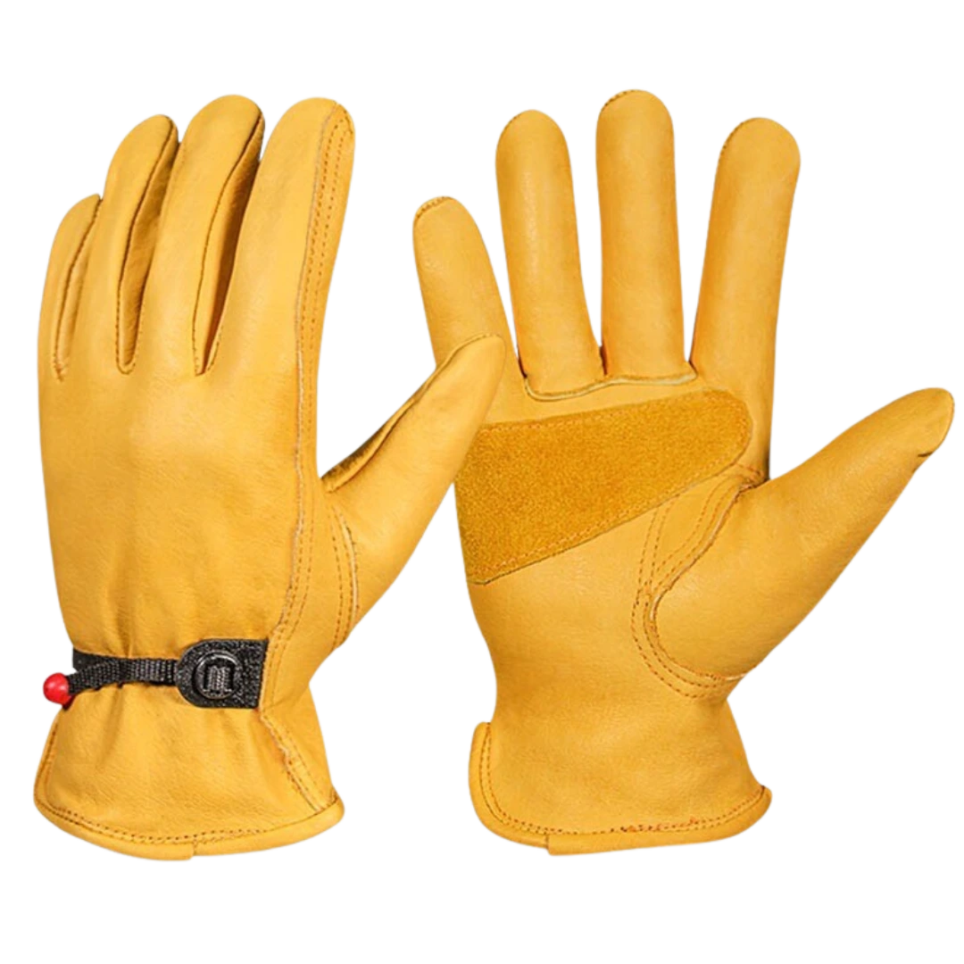 Leather-Driver-Gloves-with-Reinforced-Palm-Patch Yellow cowhide leather driver gloves with a reinforced suede palm patch and an adjustable wrist strap for a secure fit.
