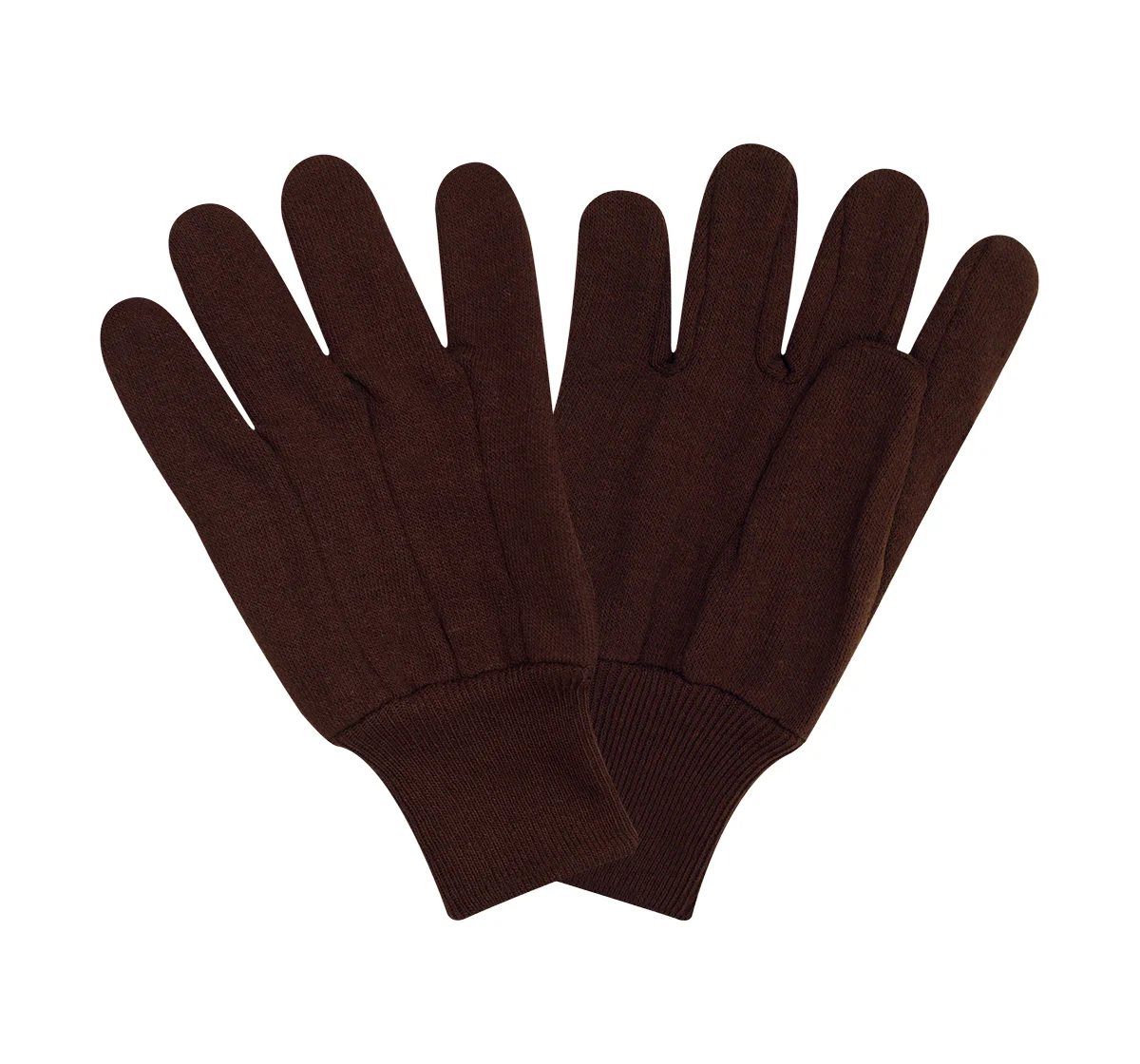 Ocean-Gloves-Brown-Jersey-Work-Gloves A pair of brown cotton jersey gloves with a ribbed knit wrist cuff, manufactured by Ocean Gloves.