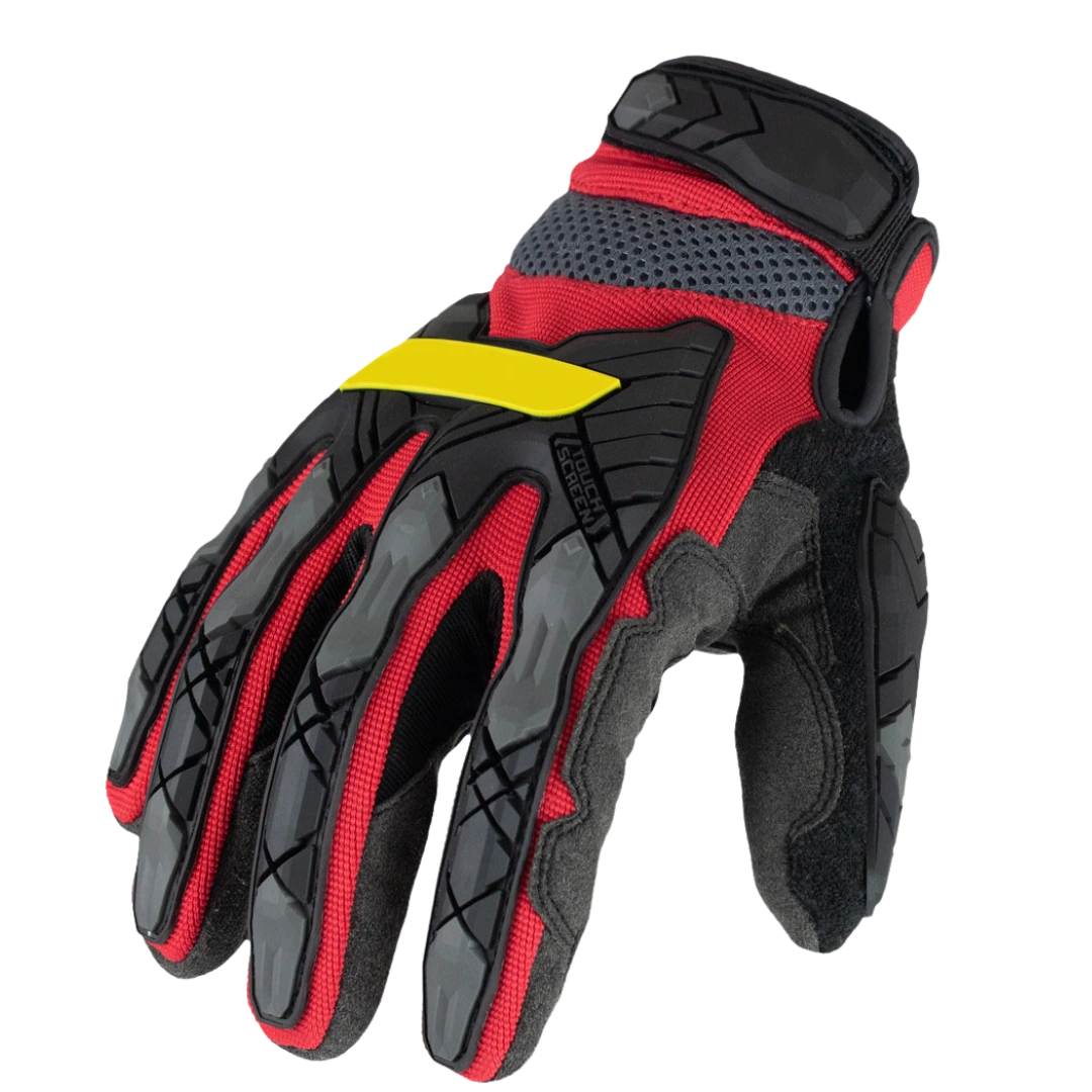 Private-Label-Impact-Gloves-TPR-Protection Back-of-hand view of a private label impact glove, featuring the ergonomic TPR armor on the knuckles and fingers, a breathable mesh back, and a secure wrist closure.
