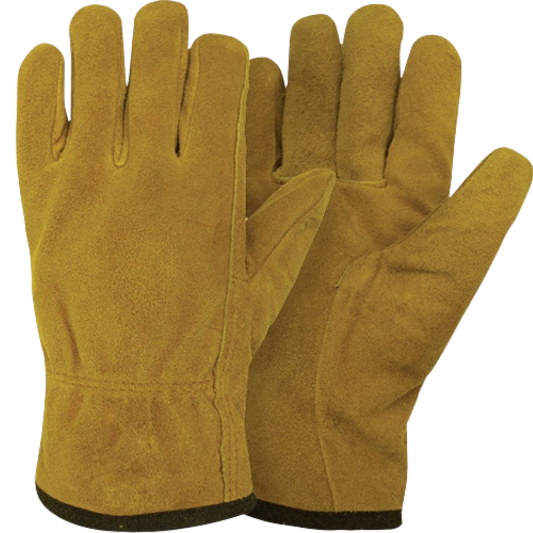Wholesale Suede Leather Driver Gloves A pair of tan cow suede leather driver gloves with a lace size adjustment on the back, shown on a clean white background.