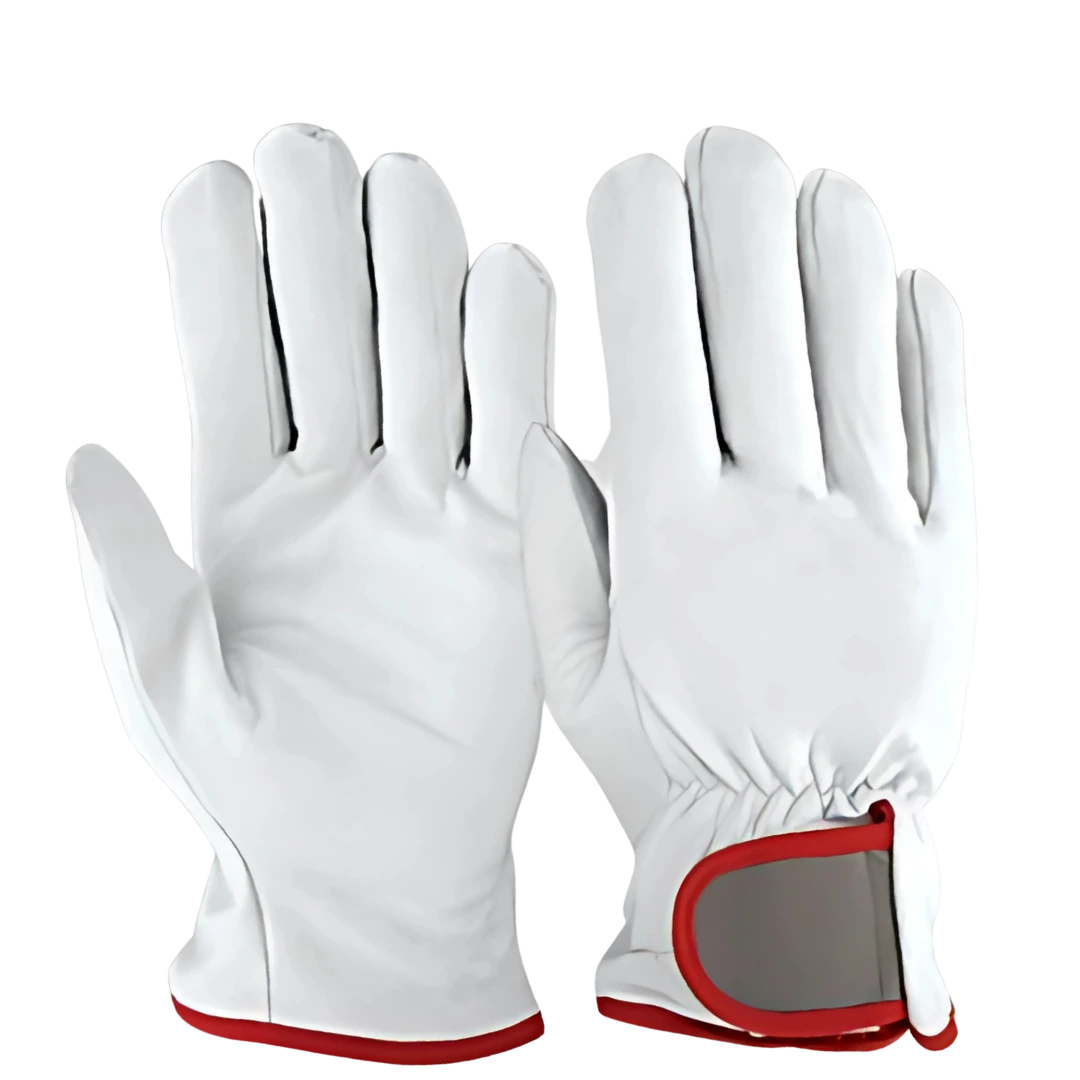 Wholesale White Goatskin Driver Glove with Adjustable Strap A pristine white goatskin leather driver glove with bold red piping and an adjustable cuff strap, shown on a neutral background.