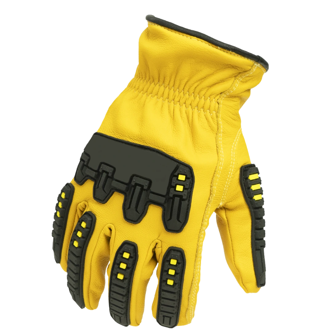 cut-resistant-hi-vis-leather-gloves-tpr-impact-protection A close-up of a Cut Resistant Hi Vis Leather Glove showing the flexible black TPR impact armor and the texture of the yellow grain cowhide leather.