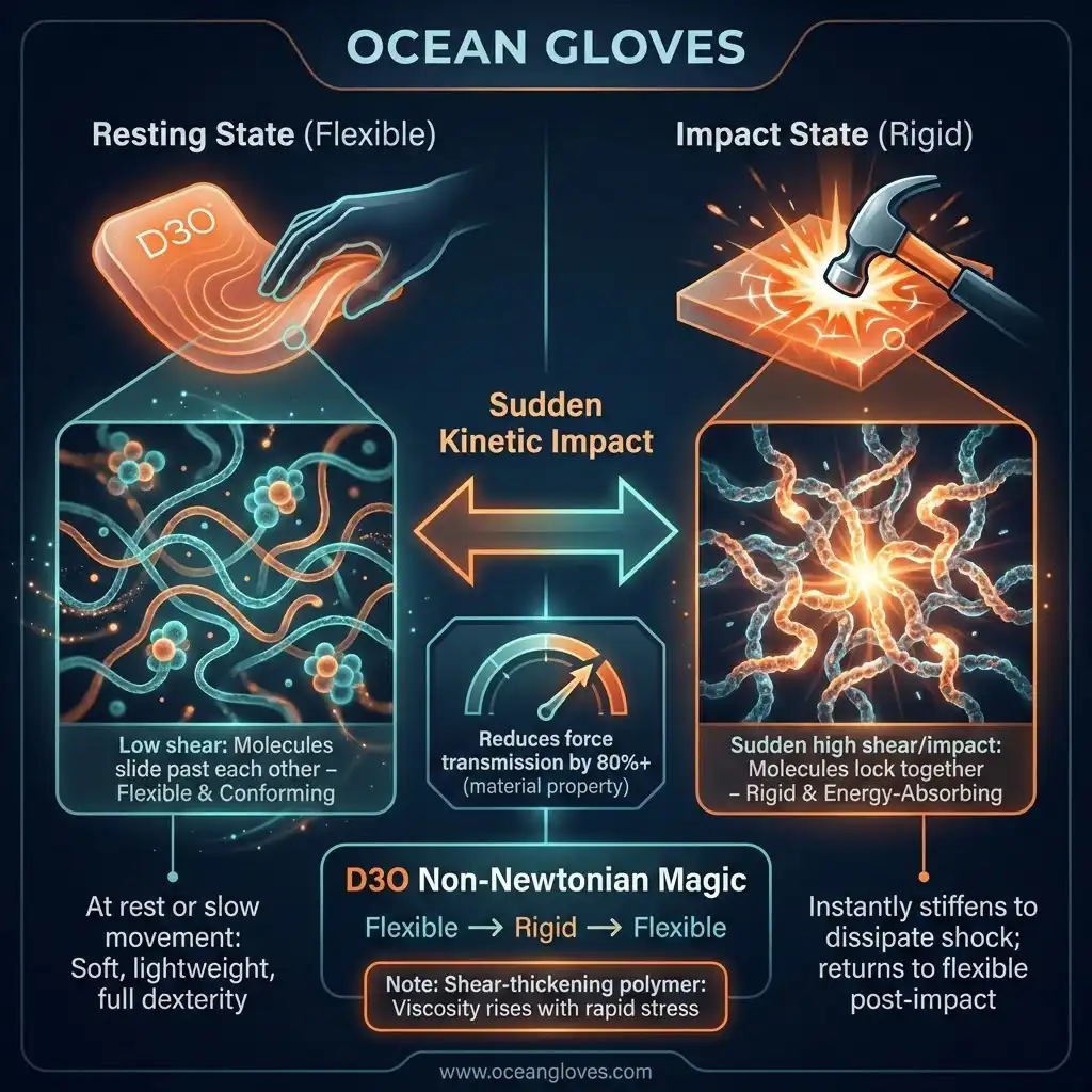 Infographic contrasting D3O non-Newtonian padding in Ocean Gloves: flexible resting molecular state vs rigid shock-absorbing state under sudden kinetic impact, with chain entanglement visuals.