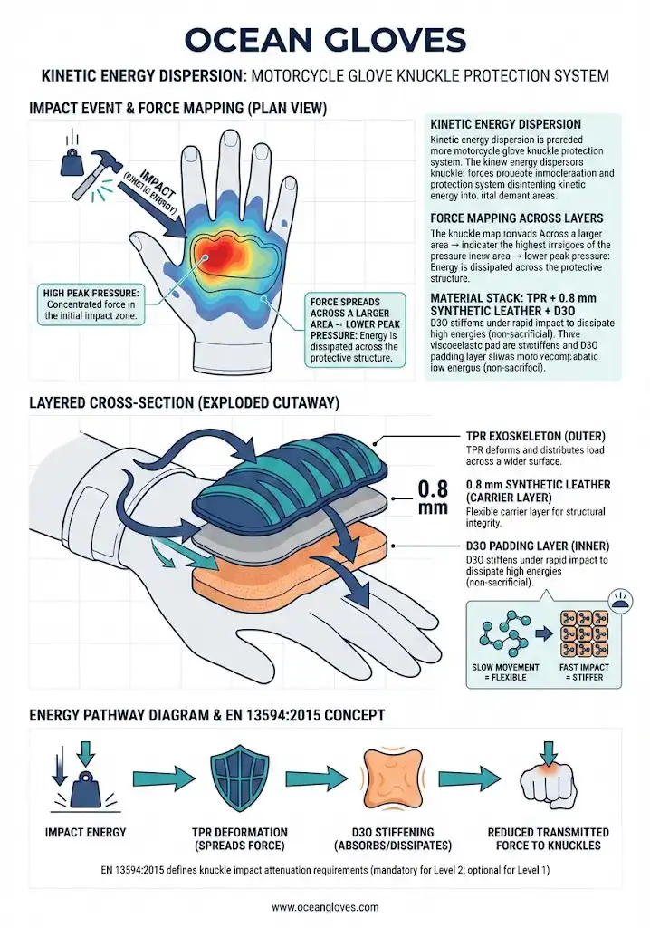 Infographic showing kinetic energy dispersion through EN 13594 thermoplastic rubber TPR exoskeleton, 0.8mm synthetic leather, and D3O padding in Ocean Gloves motorcycle protection—force mapping and layer cross-section