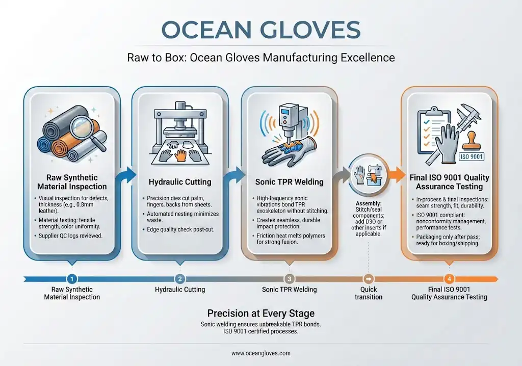 Infographic of Ocean Gloves manufacturing pipeline from raw synthetic material inspection and hydraulic cutting to sonic TPR welding and final ISO 9001 quality assurance testing for protective gloves.