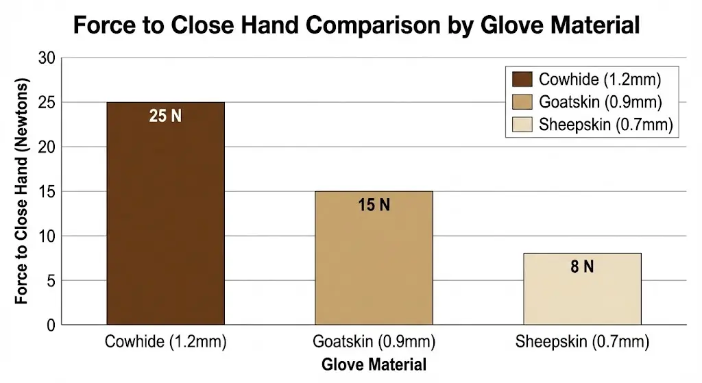 A graph comparing the 'Force to Close Hand' (Newtons) between Cowhide (1.2mm), Goatskin (0.9mm), and Sheepskin (0.7mm). Sheepskin should show the lowest force requirement