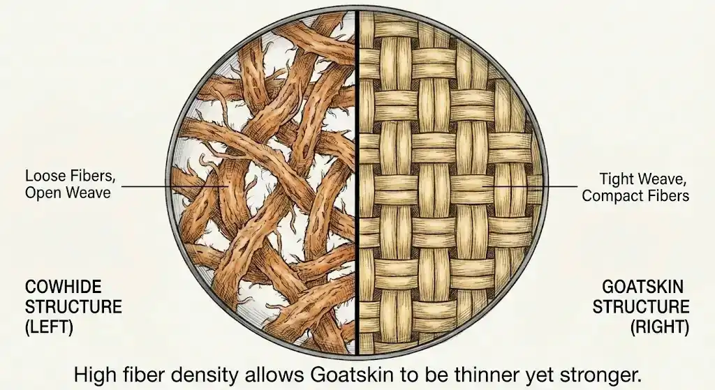 A split-screen microscopic view. Left side Cowhide Structure (loose, hairy fibers). Right side Goatskin Structure (tight, dense weave).