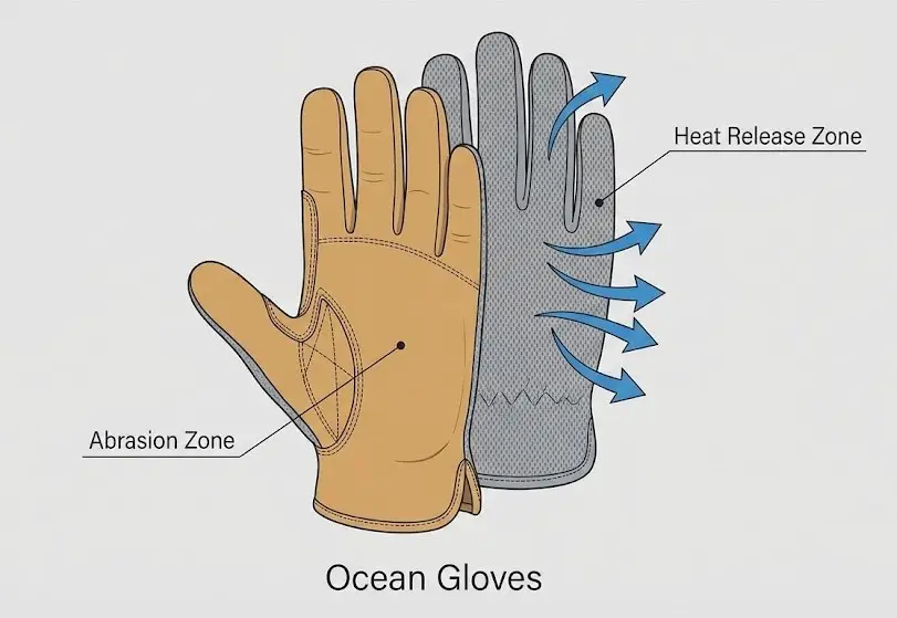 Abrasion Zone on the palm and Heat Release Zone on the back.