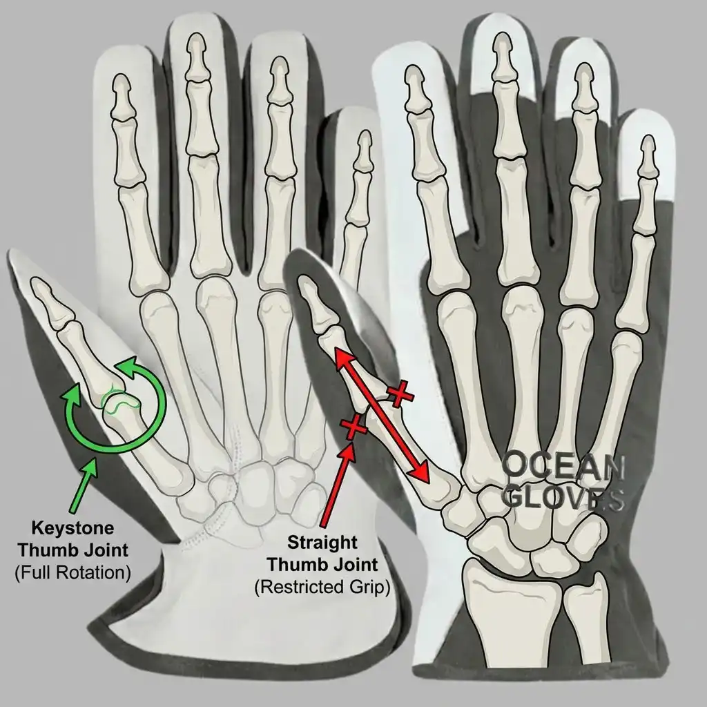 An illustration of a hand skeleton overlaying a glove. Highlight the Keystone thumb joint allowing full rotation vs. a Straight thumb restricting the grip