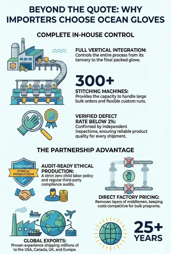 Ocean Gloves factory export infographic showing in-house production, bulk manufacturing capacity, quality control, ethical practices and global exports