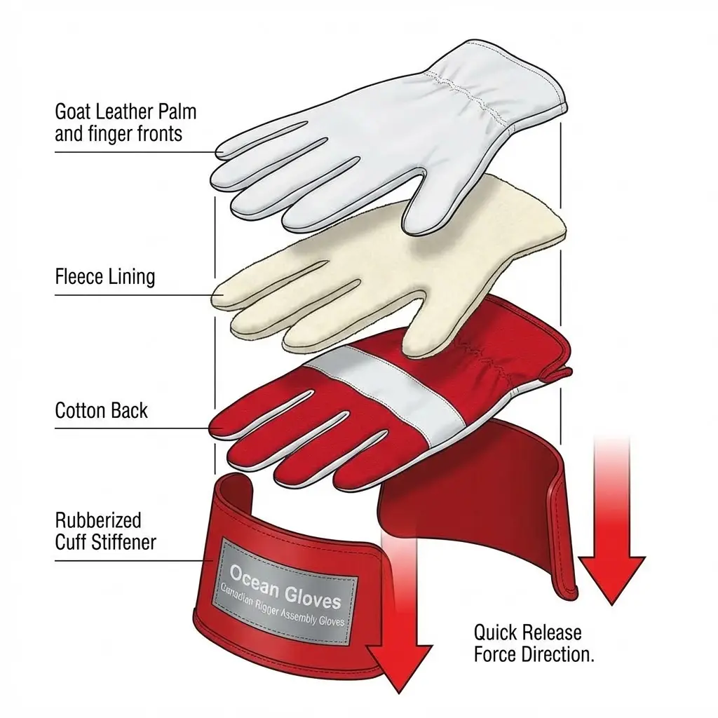 Canadian Rigger Glove showing the layers Goat Leather Palm Fleece Lining Cotton Back Rubberized Cuff Stiffener Leather Vein Patch. Arrows indicating the Quick Release force direction on the cuff.
