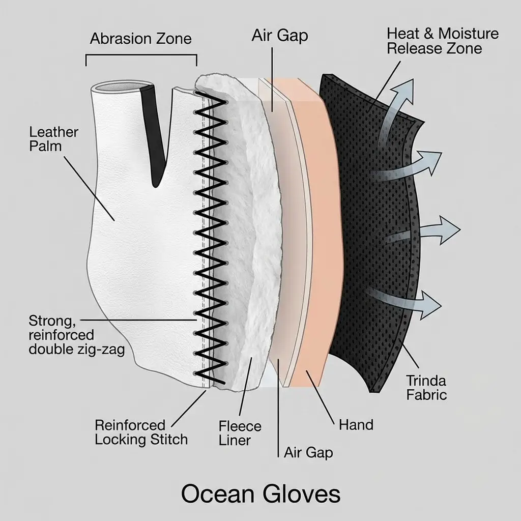 Cross-section of the glove showing the Leather Palm Locking Stitch Fleece Liner Hand, highlighting the air gap for insulation and the moisture escape route through the Trinda back.