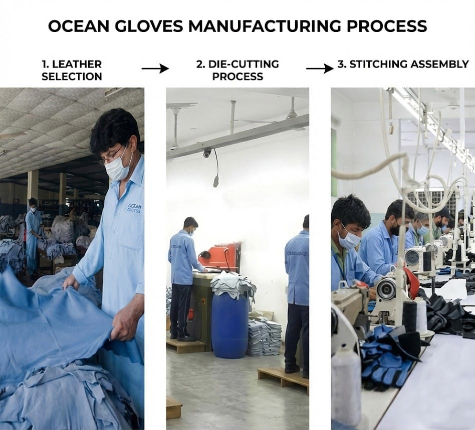 The Leather selection process, followed by the die-cutting, and finally the stitching assembly