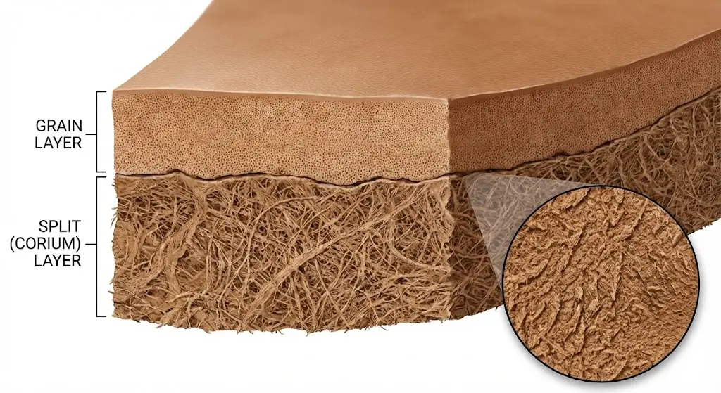 Visual breakdown of cowhide layers showing the Grain vs. Split (Corium) junction, highlighting the rough surface texture of the split layer for grip enhancement.