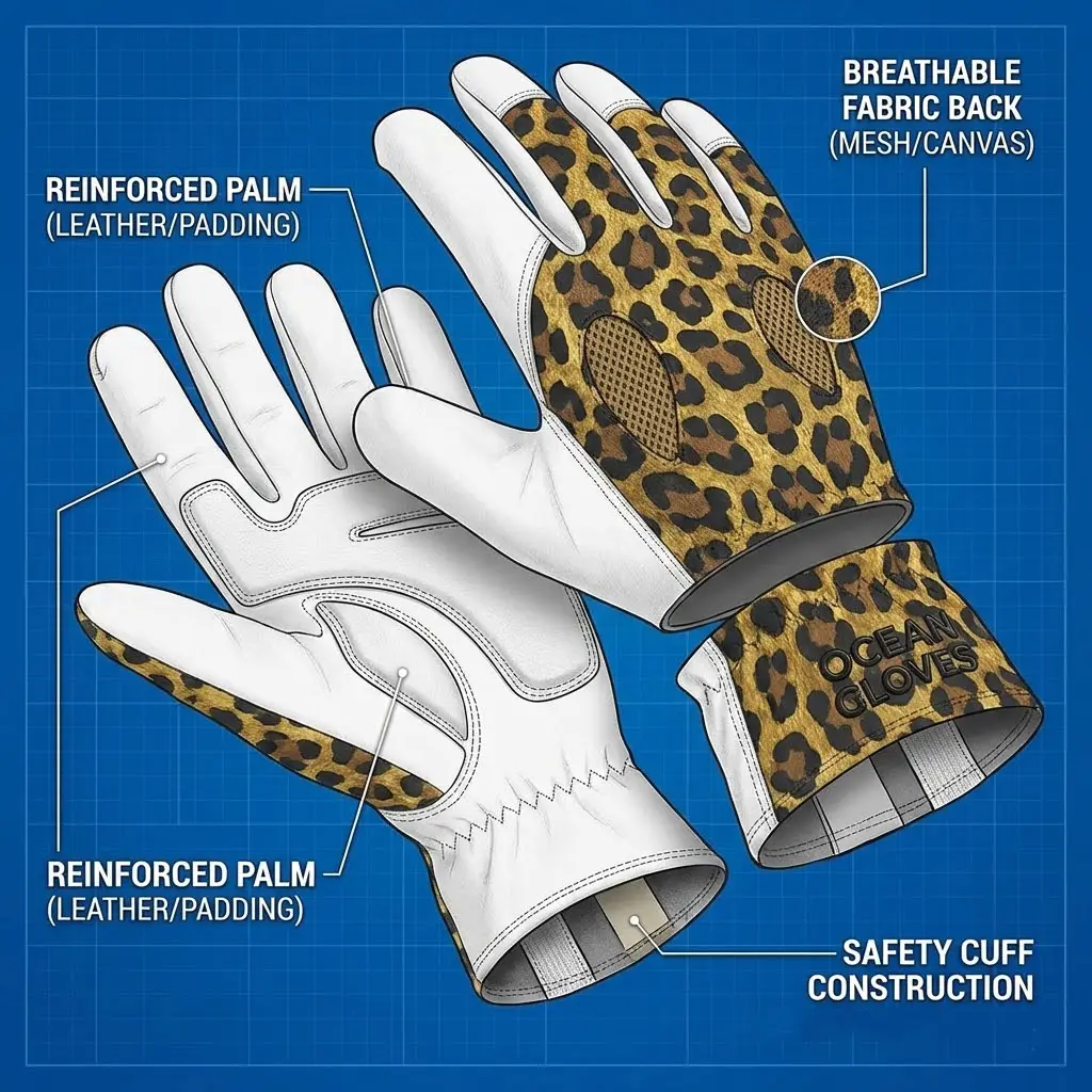 Visual breakdown of the glove layers, highlighting the reinforced palm, breathable fabric back, and safety cuff construction