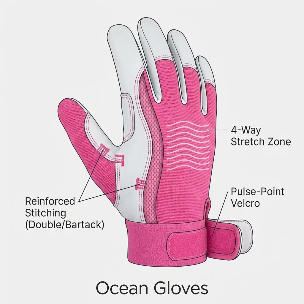 Visual breakdown of the glove layers, highlighting the reinforced stitching, the pulse-point Velcro placement, and the 4-way stretch zones.