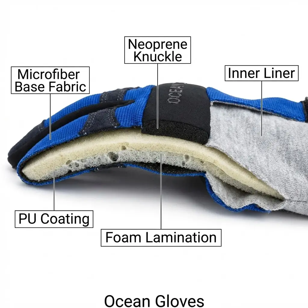Visual breakdown of the glove layers showing the Microfiber Base, PU Coating, Foam Lamination, and the Neoprene Knuckle Guard cross-section