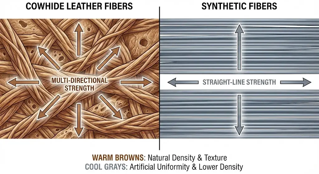 Visual diagram showing the cross-section of cowhide leather fibers compared to synthetic fibers, highlighting the density and multi-directional strength