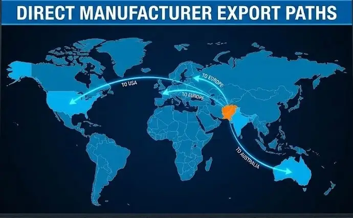 World map highlighting Pakistan with trade routes to USA, Europe, and Australia, labeled Direct Manufacturer Export Paths