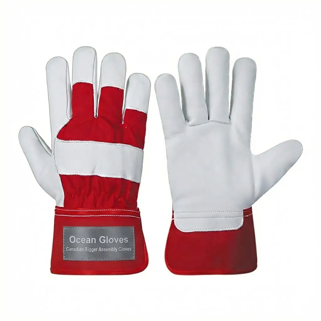 Canadian Rigger Assembly Gloves - Rubberized Safety Cuff Heavy duty Canadian rigger assembly gloves with goat leather palm and safety cuff manufactured in Sialkot.