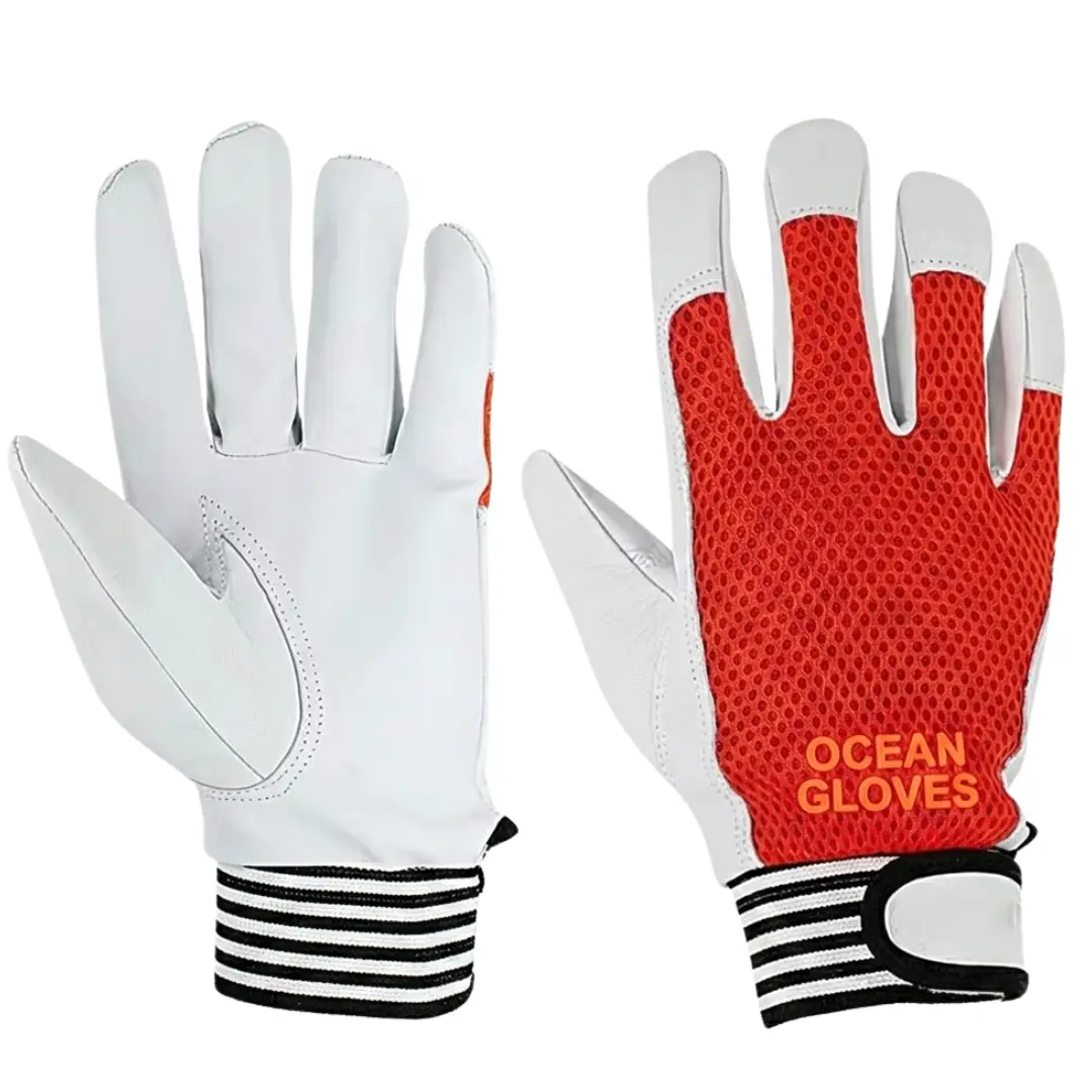 Premium Goatskin Assembly Gloves Premium Goatskin Assembly Gloves showing keystone thumb and 0.8mm leather thickness manufactured by Ocean Gloves Pakistan.