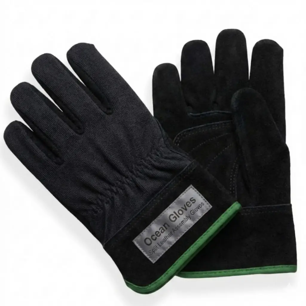 Cow Split Leather Assembly Gloves - Ocean Gloves Pakistan Industrial grade split leather assembly gloves with grey cow split palm and yellow striped cotton back for warehouse operations.
