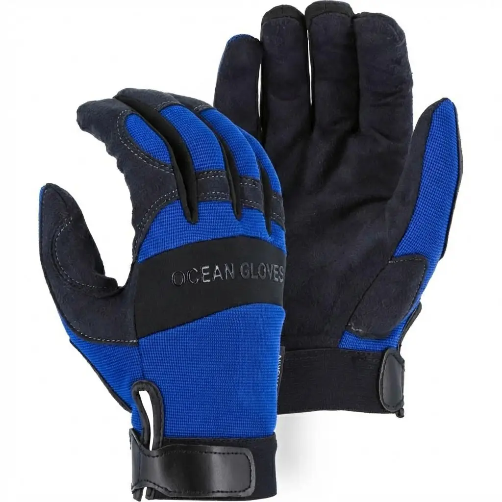 Ocean Gloves Armor Skin Synthetic Assembly Gloves Armor Skin synthetic leather assembly gloves with breathable knit back and neoprene knuckle protection manufactured in Sialkot Pakistan.