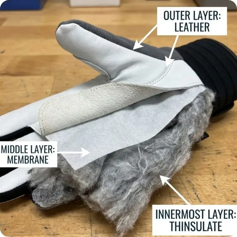 Technical cross-section diagram showing the three-layer construction of the Ocean Gloves waterproof thermal assembly glove: outer goatskin leather shell, middle breathable waterproof membrane, and inner 3M Thinsulate thermal lining.