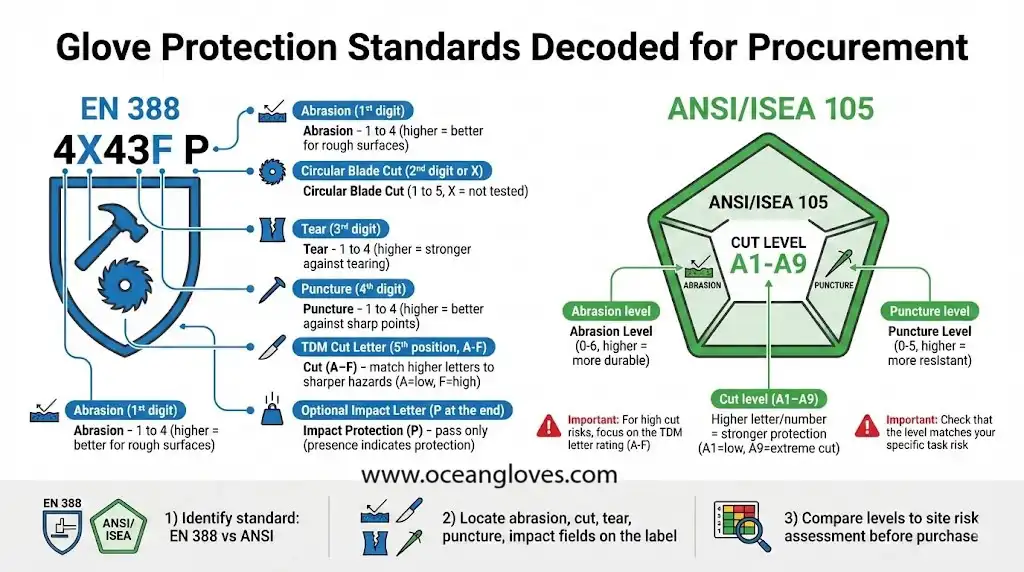 Infographic decoding EN 388 and ANSI impact glove icons, showing abrasion, cut, tear, puncture, and impact symbols and how to read the rating numbers for procurement decisions.