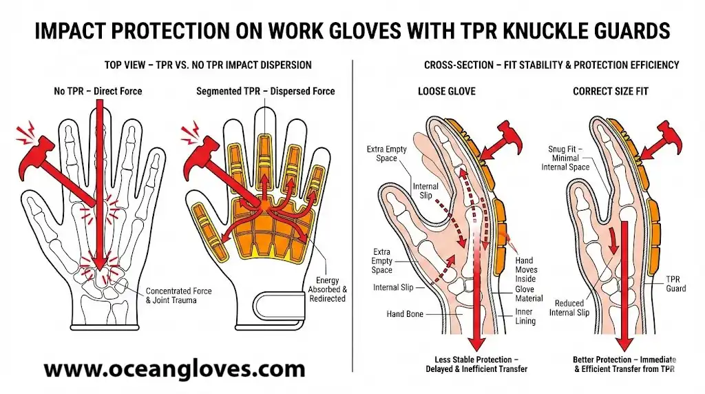 Diagram showing impact force on a knuckle with no TPR versus segmented TPR, plus how correct glove sizing reduces internal slip and improves protection.