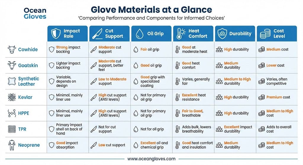 Visual comparison table of impact glove materials, showing cowhide, goatskin, synthetic leather, Kevlar, HPPE, TPR and neoprene rated for impact role, cut support, oil grip, heat comfort, durability and relative cost.