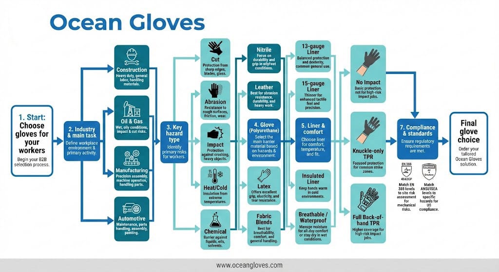 Decision flowchart for impact glove buyers starting from industry and hazard, then branching to material choice, liner type, impact coverage pattern, and EN 388 or ANSI compliance requirements.