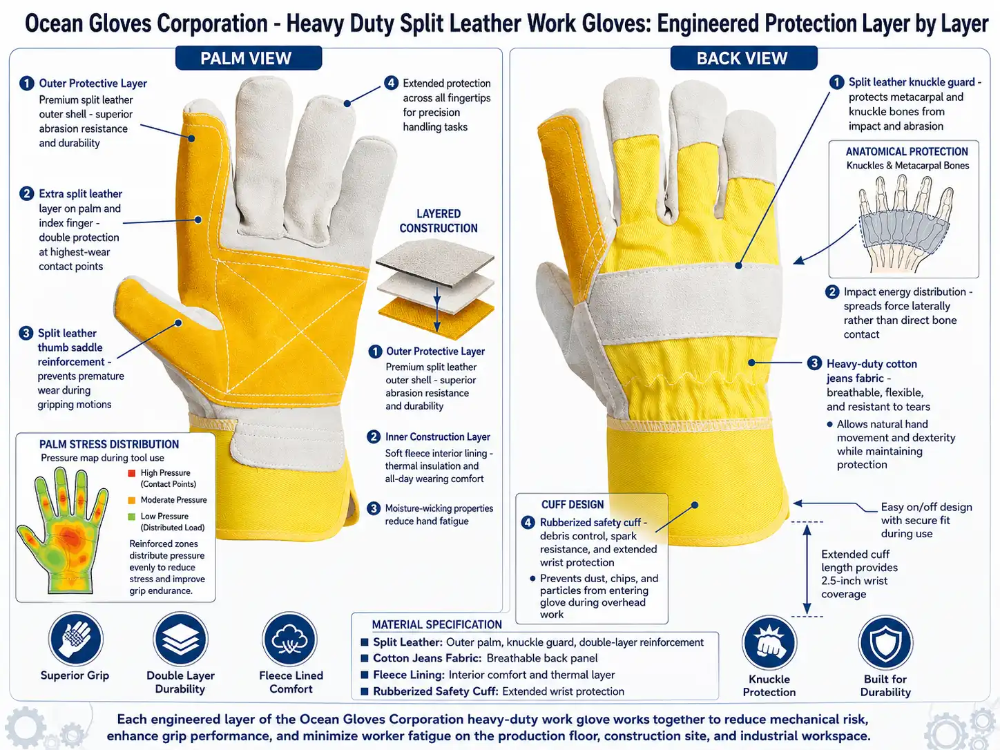 A clean cross-section of the glove split into palm view and back view by Ocean Gloves corporation
