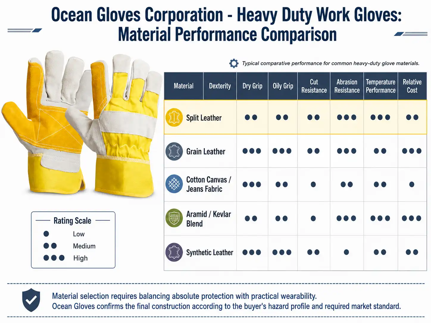 Material performance comparison chart for Heavy Duty Work Gloves